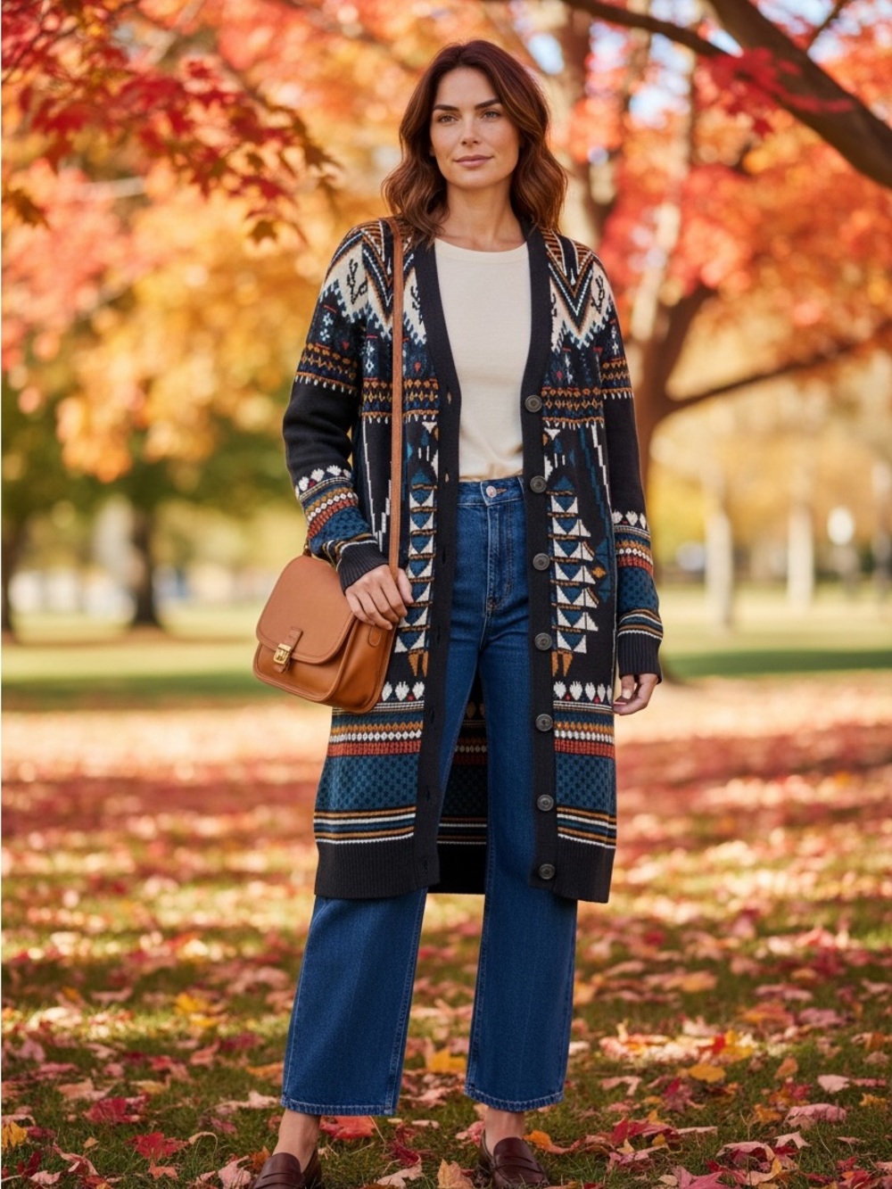 DEPT Boho Geometric Knit Longline Cardigan S Fair Isle Print Maxi Sweater